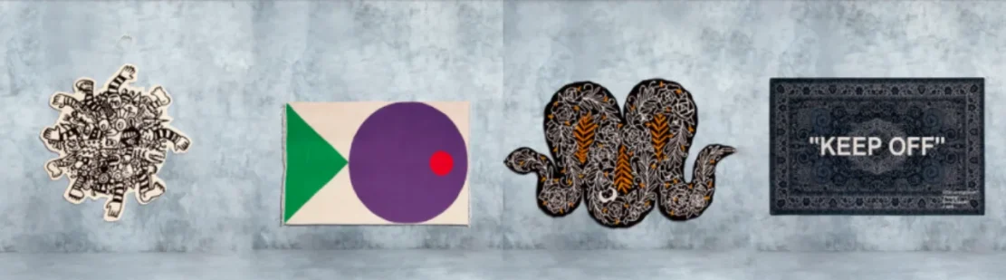 Alguns dos tapetes projetados, por Noah Lyon, Seulgi Lee, SupaKitch e Virgil Abloh, da direita para a esquerda | Reprodução: IKEA